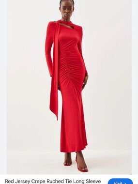 Karen Millen Red Jersey Crepe Ruched Tie Long-Sleeve Dress